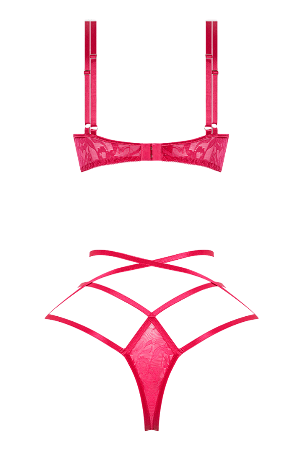 House of Desire Flora Lace Bra & Strappy Thong Set - Pink Dragon