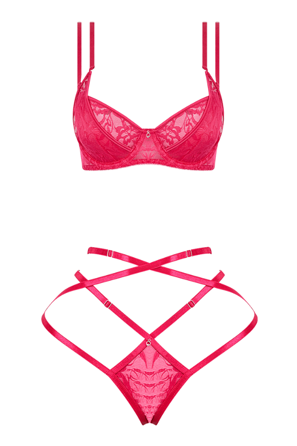 House of Desire Flora Lace Bra & Strappy Thong Set - Pink Dragon