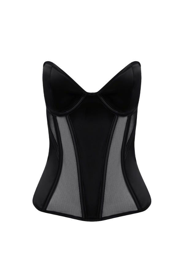 House of Desire Juliet Satin & Mesh Plunge Underwire Corset black
