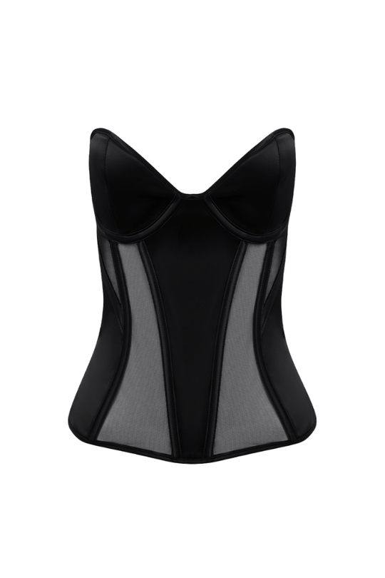 Juliet Satin & Mesh Plunge Underwire Corset black