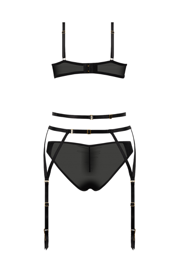 House of Desire Lingerie Set Ashley Alexiss Lace Demi Bra, Bikini & Garter Set Black
