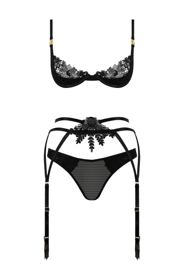 House of Desire Lingerie Set Ashley Alexiss Lace Demi Bra, Bikini & Garter Set Black