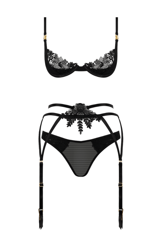 Ashley Alexiss Lace Demi Bra, Bikini & Garter Set Black