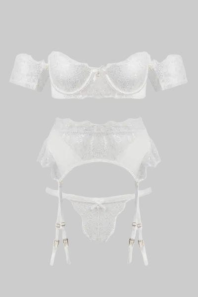 House of Desire Lingerie Set Bridal Satin & Lace Strapless Bra, Garter Belt & Tanga Set White