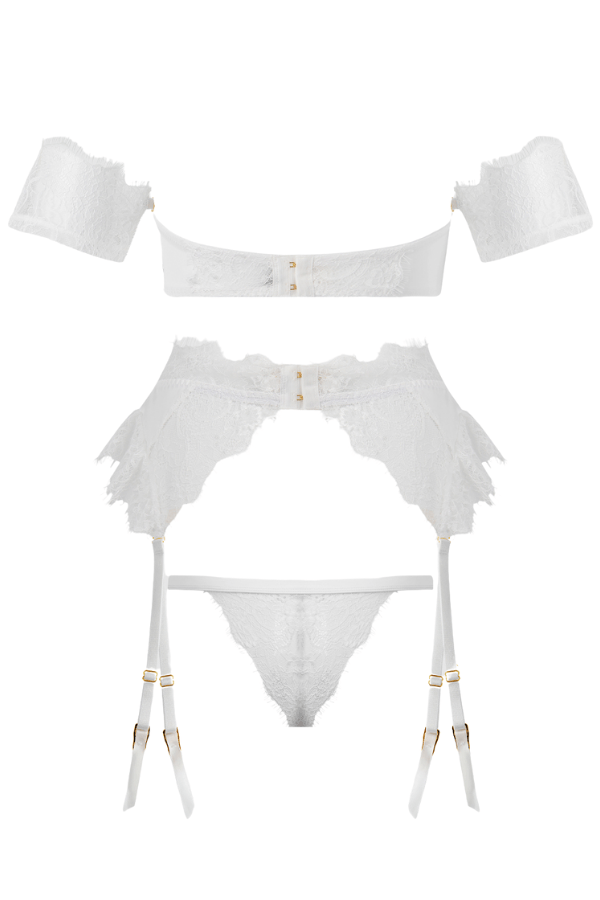 House of Desire Lingerie Set Bridal Satin & Lace Strapless Bra, Garter Belt & Tanga Set White