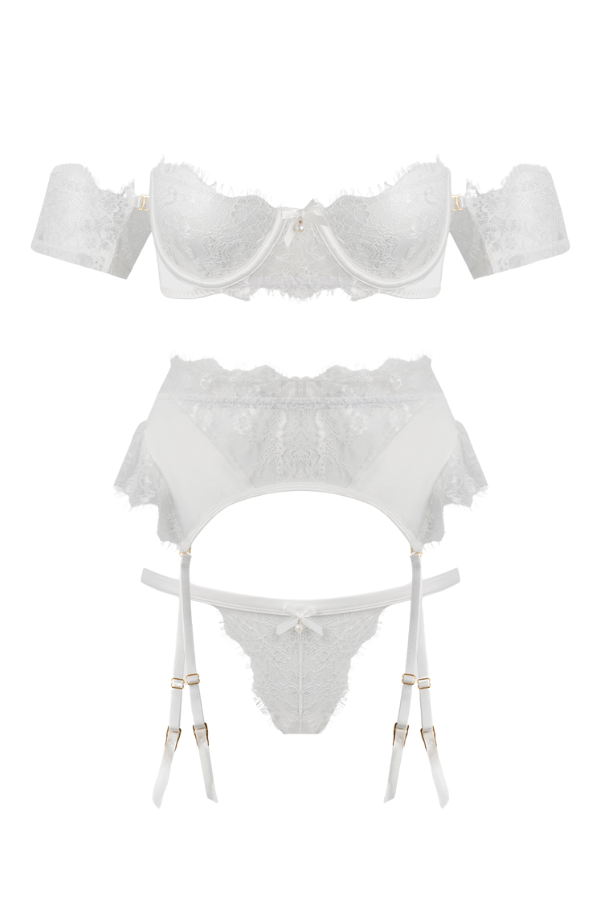 House of Desire Lingerie Set Bridal Satin & Lace Strapless Bra, Garter Belt & Tanga Set White