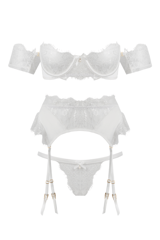 Bridal Satin & Lace Strapless Bra, Garter Belt & Tanga Set White
