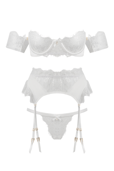 Bridal Satin & Lace Strapless Bra, Garter Belt & Tanga Set White - Chrie Amour Bridal Satin & Lace Strapless Bra, Garter Belt & Tanga Set White - Chrie Amour