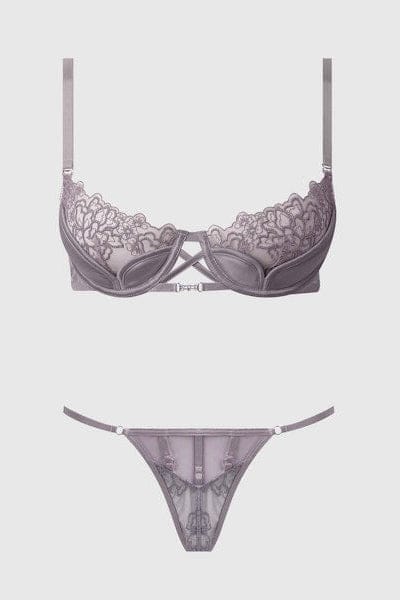 House of Desire Lingerie Set Eden Embroidery Demi Bra & G-String Set Silver