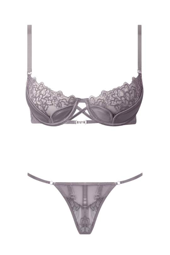 Eden Embroidery Demi Bra & G-String Set Silver