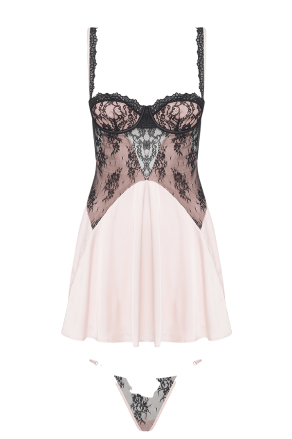 House of Desire Lingerie Set Jocelyn Lace & Satin Babydoll & G-String Set Black-Pink