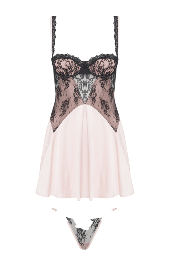 Jocelyn Lace & Satin Babydoll & G-String Set Black-Pink