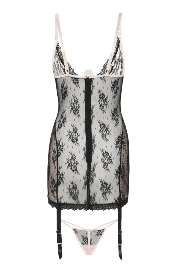 House of Desire Lingerie Set Jocelyn Lace & Satin Chemise & G-String Set Black