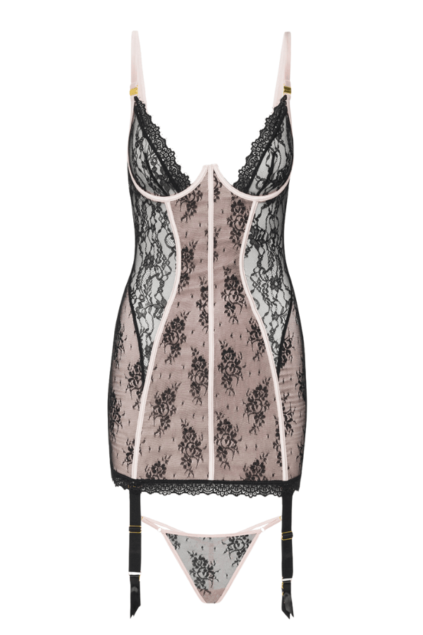 House of Desire Lingerie Set Jocelyn Lace & Satin Chemise & G-String Set Black