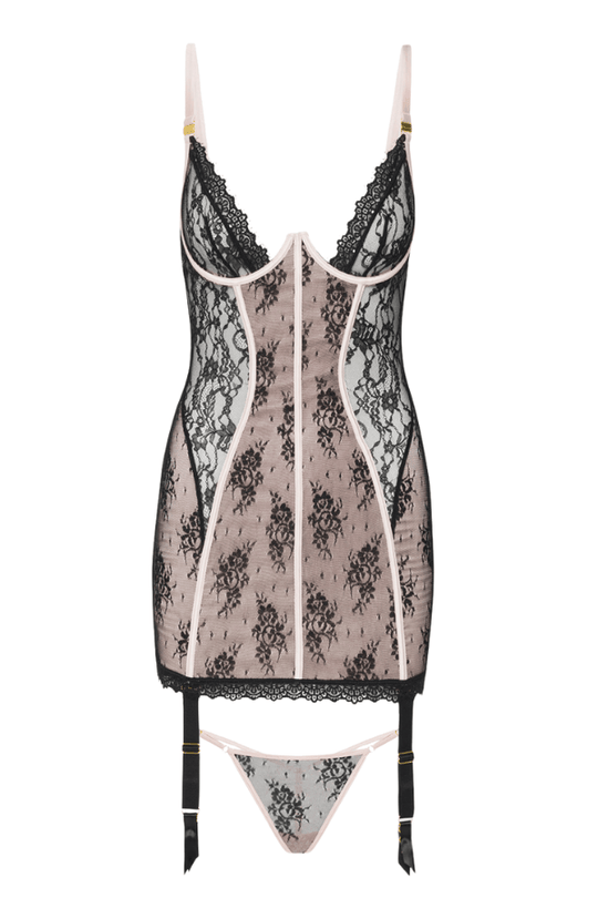Jocelyn Lace & Satin Chemise & G-String Set Black