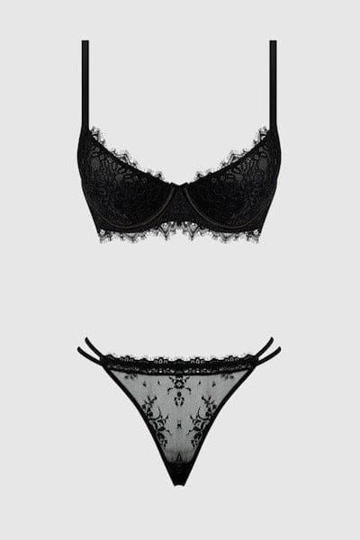 House of Desire Lingerie Set Jocelyn Lace & Satin Push Up Bra Strappy Thong Set Black