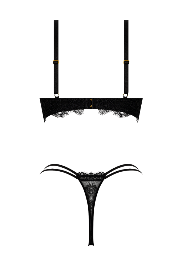 House of Desire Lingerie Set Jocelyn Lace & Satin Push Up Bra Strappy Thong Set Black