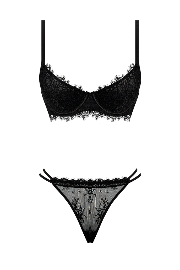 House of Desire Lingerie Set Jocelyn Lace & Satin Push Up Bra Strappy Thong Set Black