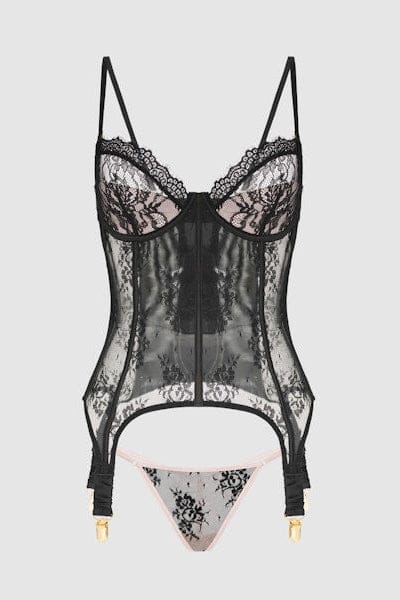 House of Desire Lingerie Set Jocelyn Lace & Satin Underwire Corset & G-String Set Black