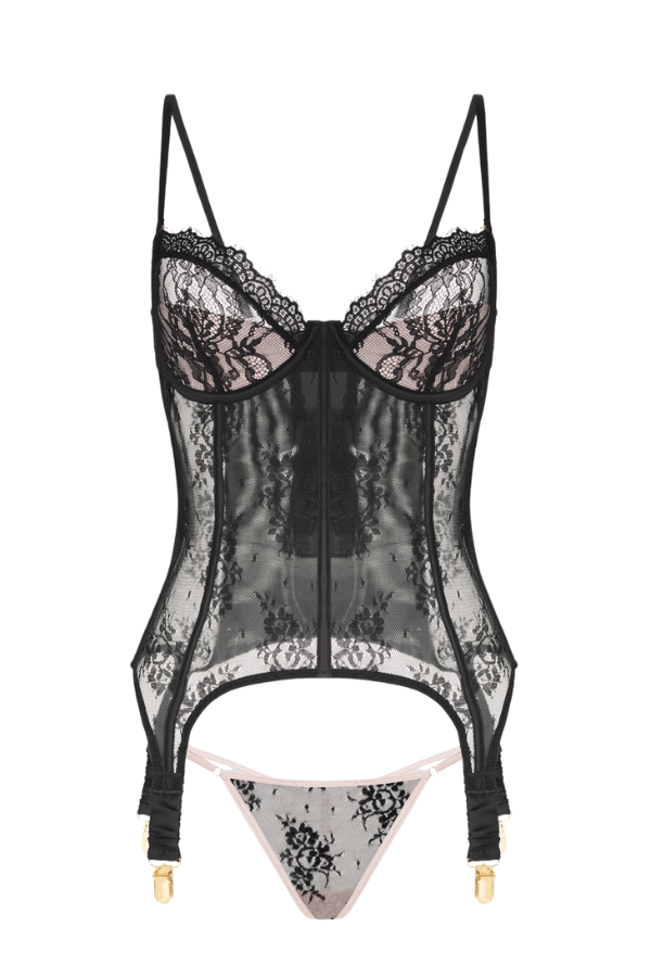 House of Desire Lingerie Set Jocelyn Lace & Satin Underwire Corset & G-String Set Black