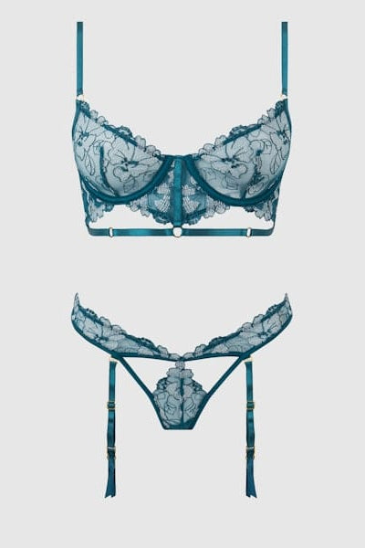 House of Desire Lingerie Set Nova Blacklight Lace Bra & Gartered Thong Set Jade