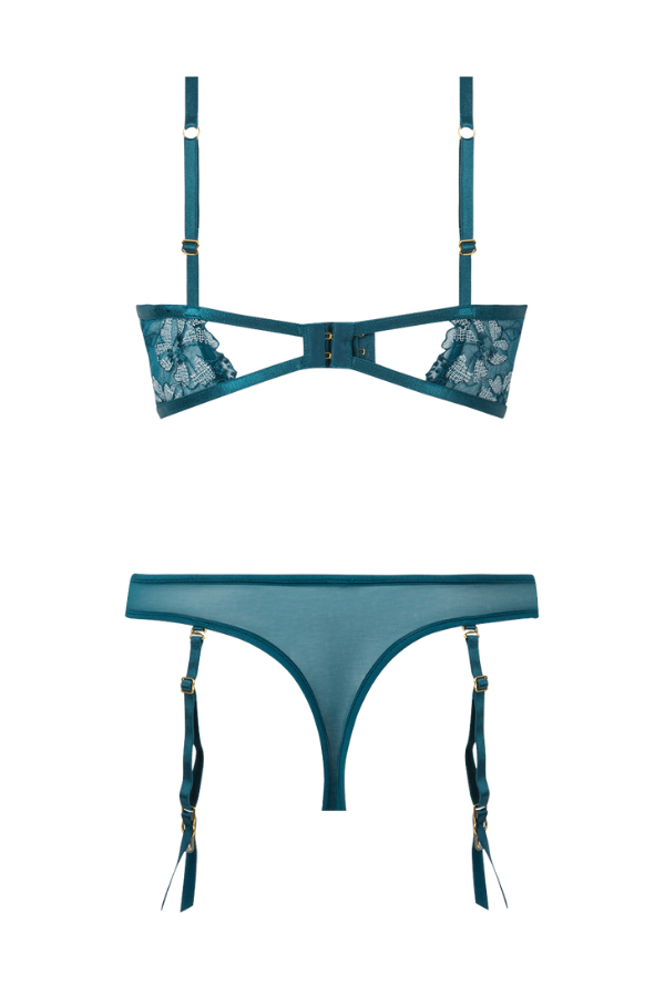 House of Desire Lingerie Set Nova Blacklight Lace Bra & Gartered Thong Set - Jade