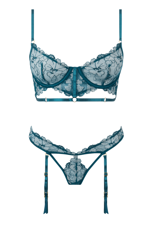 House of Desire Lingerie Set Nova Blacklight Lace Bra & Gartered Thong Set - Jade