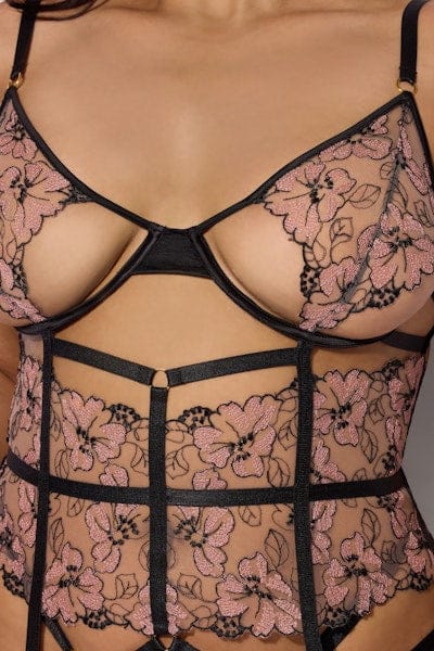 House of Desire Lingerie Set Nova Blacklight Lace Corset & Crotchless G-String Set black