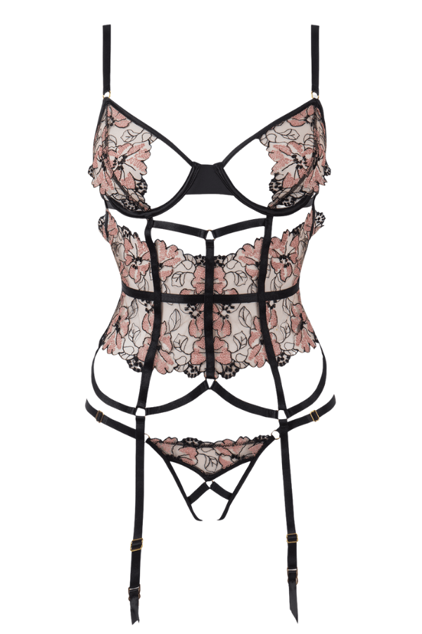 House of Desire Lingerie Set Nova Blacklight Lace Corset & Crotchless G-String Set - Black