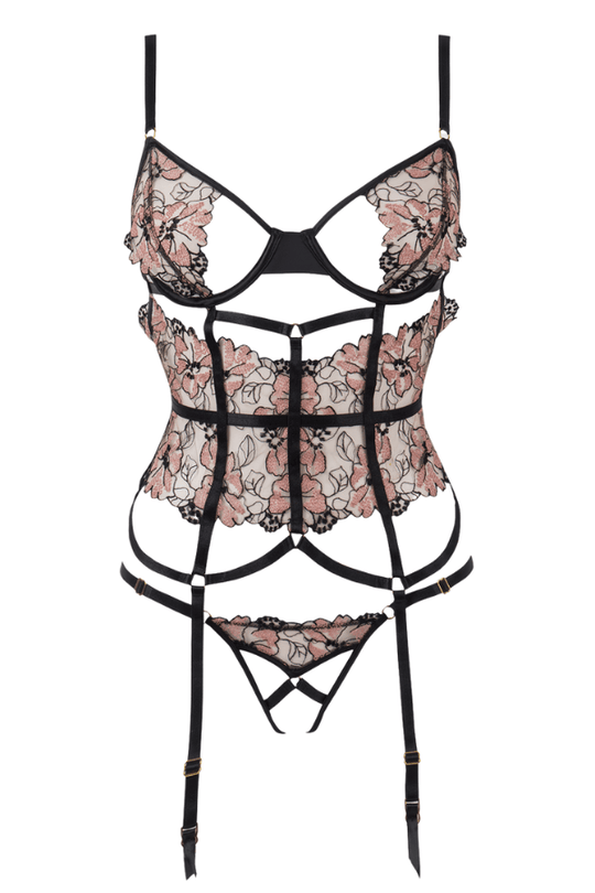 Nova Blacklight Lace Corset & Crotchless G-String Set - Black