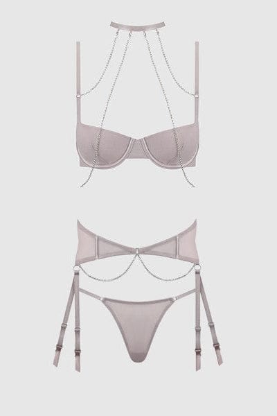 House of Desire Lingerie Set Presley Rhinestone & Mesh Demi Bra, Garter & G-String Set