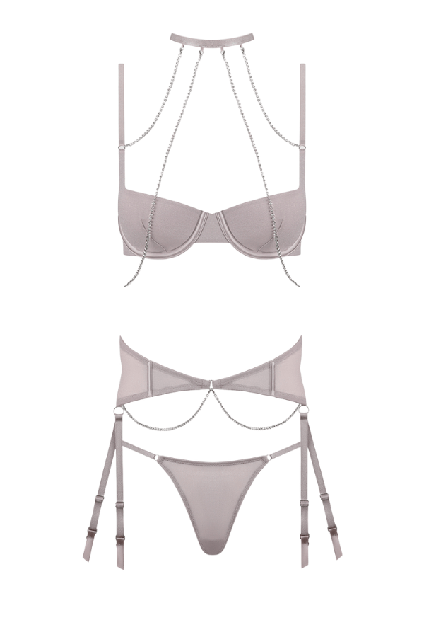 House of Desire Lingerie Set Presley Rhinestone & Mesh Demi Bra, Garter & G-String Set