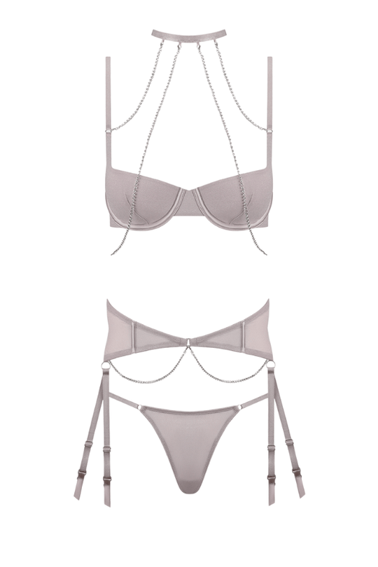 Presley Rhinestone & Mesh Demi Bra, Garter & G-String Set