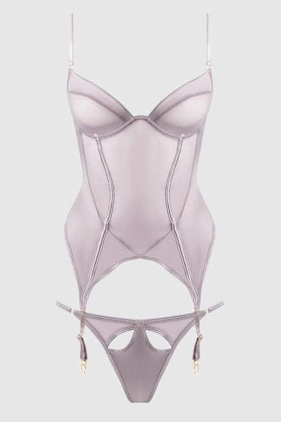 House of Desire Lingerie Set Raquel Mesh & Silky Micro Underwire Bustier & Backless Tanga Set Silver