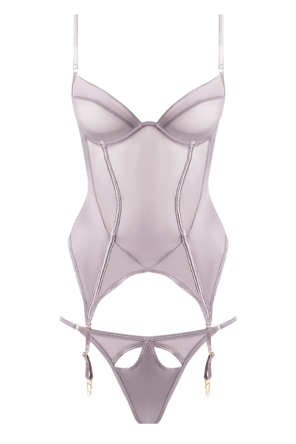 House of Desire Lingerie Set Raquel Mesh & Silky Micro Underwire Bustier & Backless Tanga Set - Silver