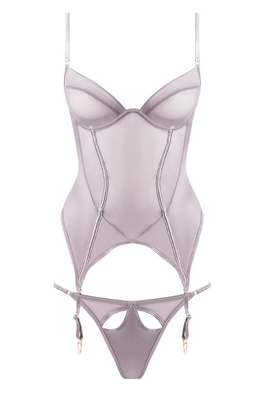 Raquel Mesh & Silky Micro Underwire Bustier & Backless Tanga Set - Silver