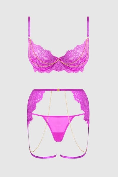 House of Desire Lingerie Set Reanna Lace & Chain Bra, Garter & G-String Set Pink