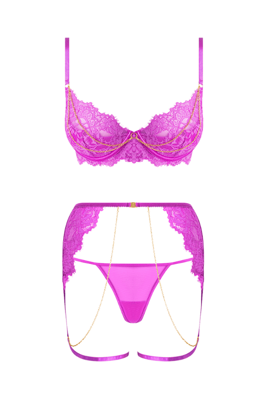 Reanna Lace & Chain Bra, Garter & G-String Set Pink