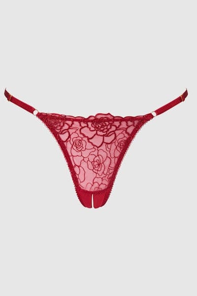 House of Desire Lingerie Set Rosalie Embroidered Lace & Mesh Crotchless Thong Red