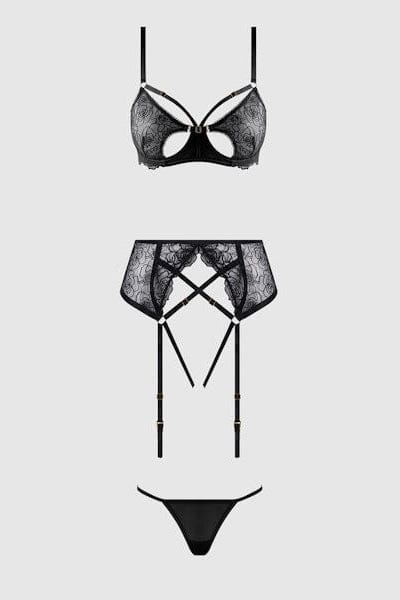 House of Desire Lingerie Set Rosalie Embroidered Lace Open-Cup Bra, Garter & G-String Set Black