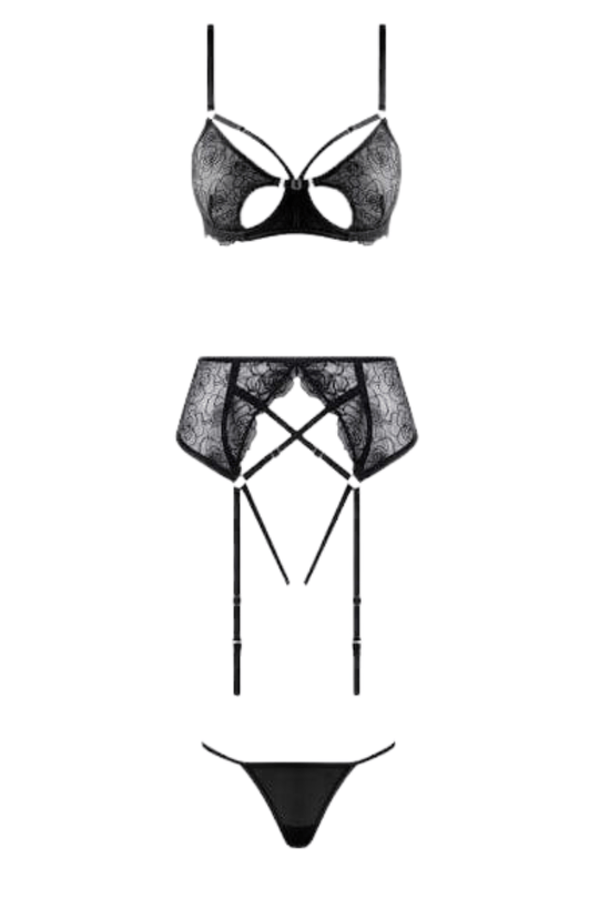 Rosalie Embroidered Lace Open-Cup Bra, Garter & G-String Set Black