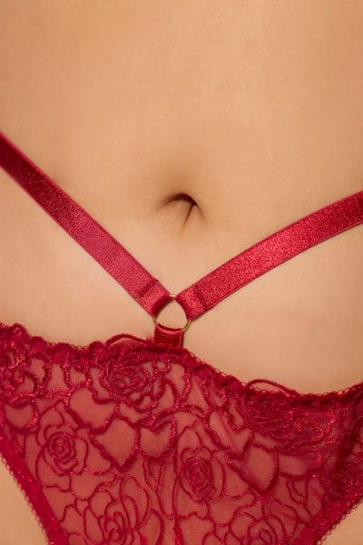 House of Desire Lingerie Set Rosalie Satin & Embroidered Lace Strappy Tanga Red