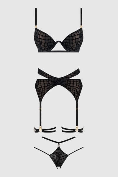 House of Desire Lingerie Set Snake Velvet-Burnout Mesh Bra, Garter, & Backless Hipster Set Black