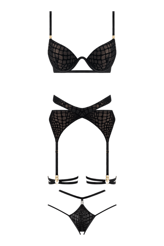 Snake Velvet-Burnout Mesh Bra, Garter, & Backless Hipster Set - Black