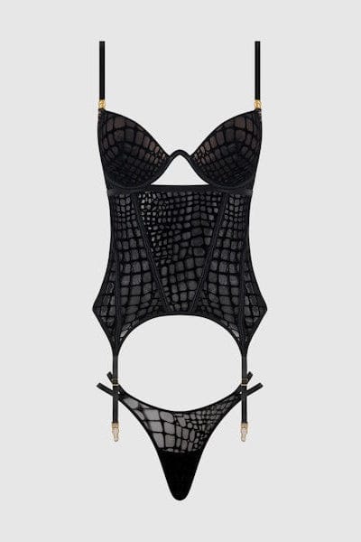 House of Desire Lingerie Set Snake Velvet-Burnout Mesh Bustier & Thong Set Black