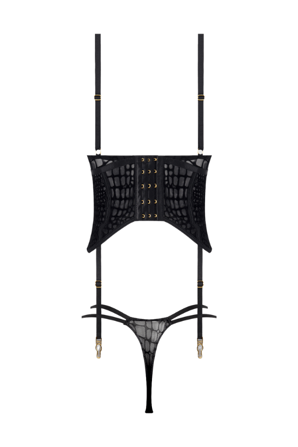 House of Desire Lingerie Set Snake Velvet-Burnout Mesh Bustier & Thong Set - Black