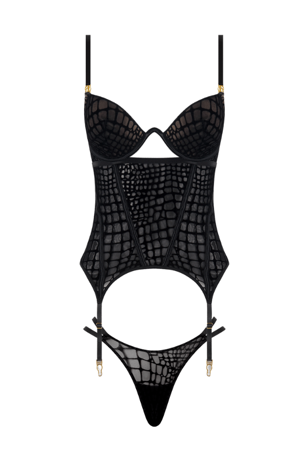 House of Desire Lingerie Set Snake Velvet-Burnout Mesh Bustier & Thong Set - Black