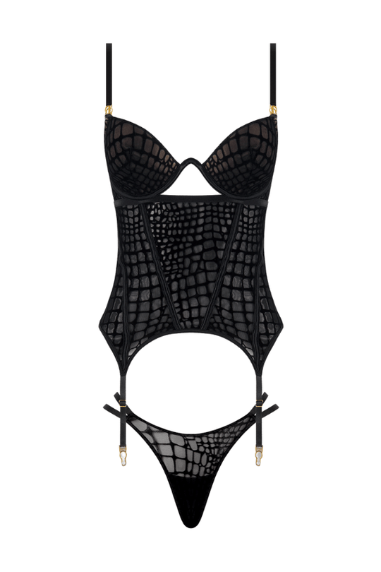 Snake Velvet-Burnout Mesh Bustier & Thong Set - Black