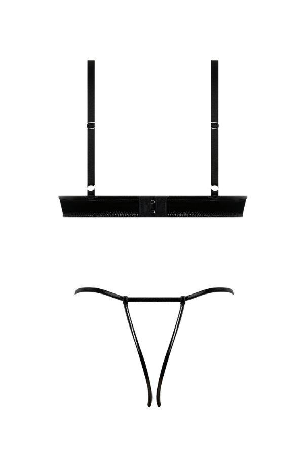 House of Desire Lingerie Set Trinity Patent Bra & Lace Up Crotchless Panty Set - Black