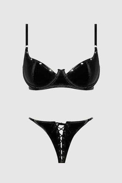 House of Desire Lingerie Set Trinity Patent Bra & Lace Up Crotchless Panty Set